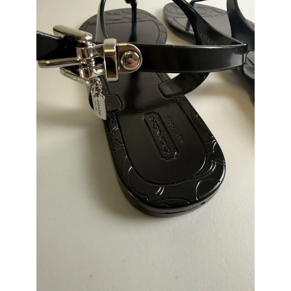 Coach Women’s Black Thong Sandals T-Strap Ankle Strap Buckle Logo US 8B